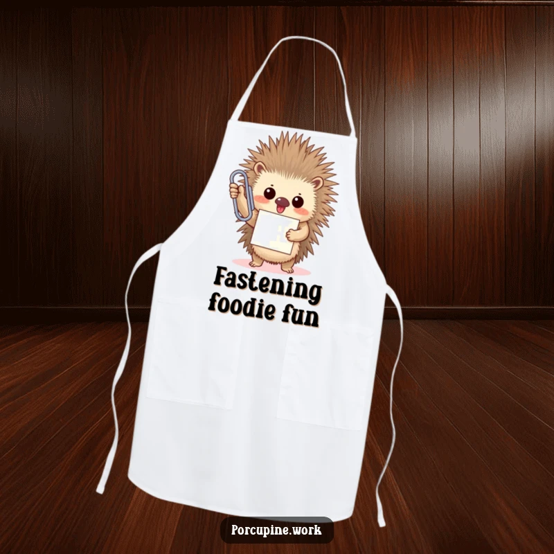 Funny porcupine triumphantly holds an oversized paperclip with a proud smile, perfect for a victorious kitchen on this apron.