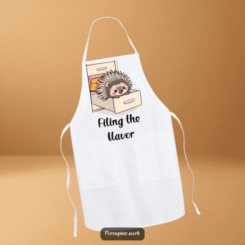 Funny apron with a porcupine sliding down a filing cabinet drawer with pure delight, perfect for adding humor to kitchen tasks.