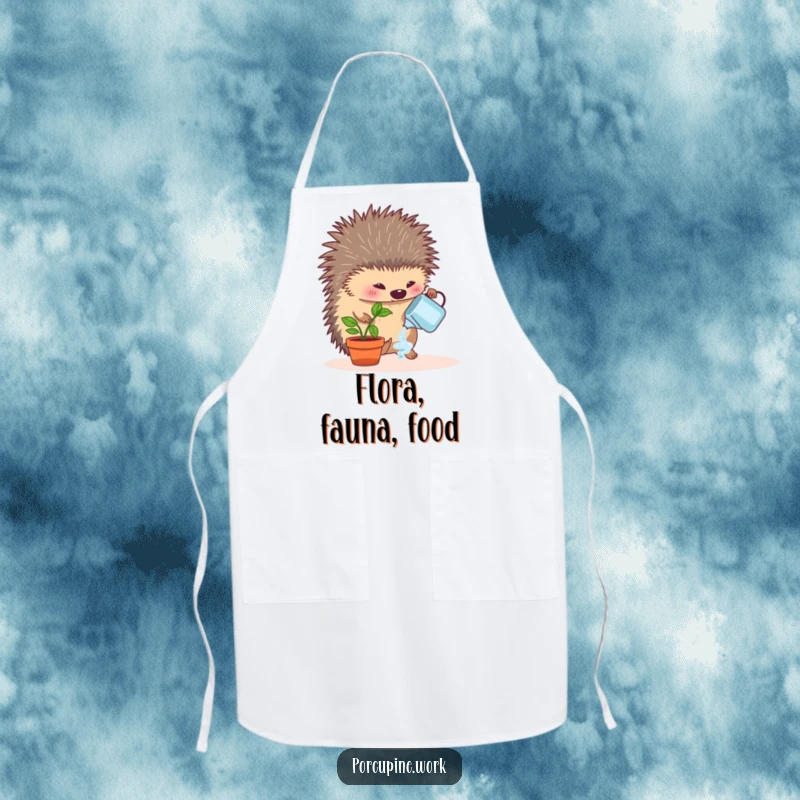 Funny apron with a porcupine enthusiastically watering a tiny desk plant, perfect for gardening, cooking, or adding humor to any task.