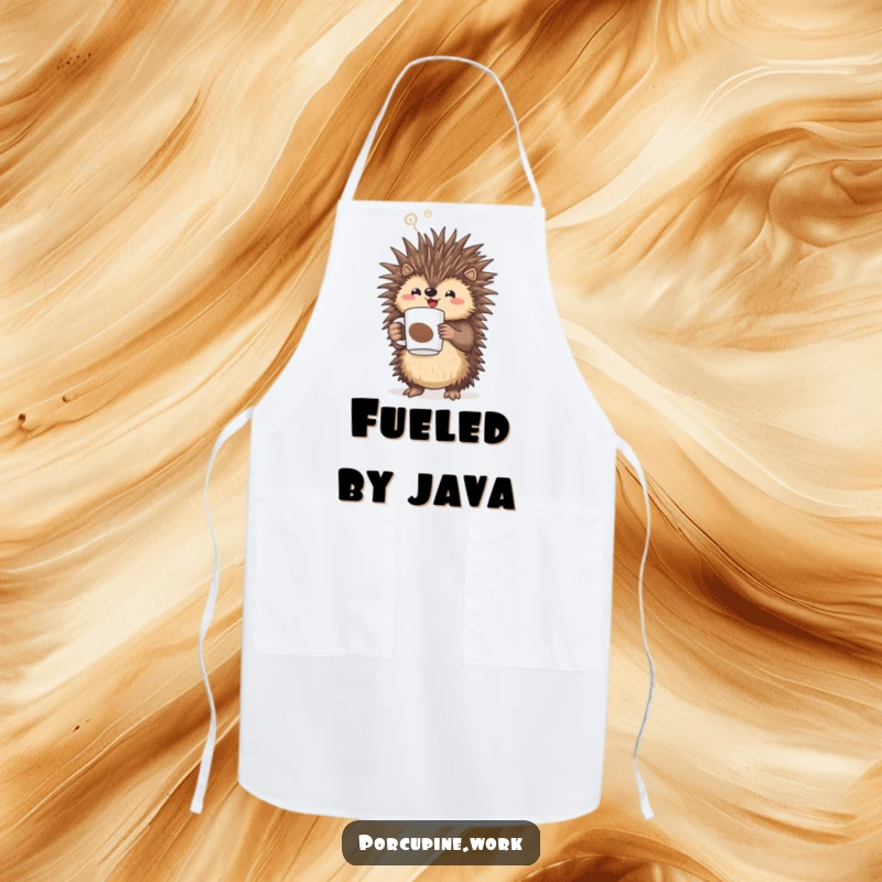 Funny porcupine triumphantly holding a steaming coffee mug while wearing an apron, a humorous kitchen accessory.