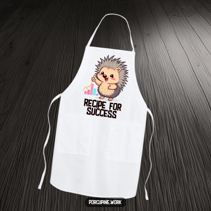 Funny apron featuring a porcupine enthusiastically pointing at a colorful graph, perfect for presentations.