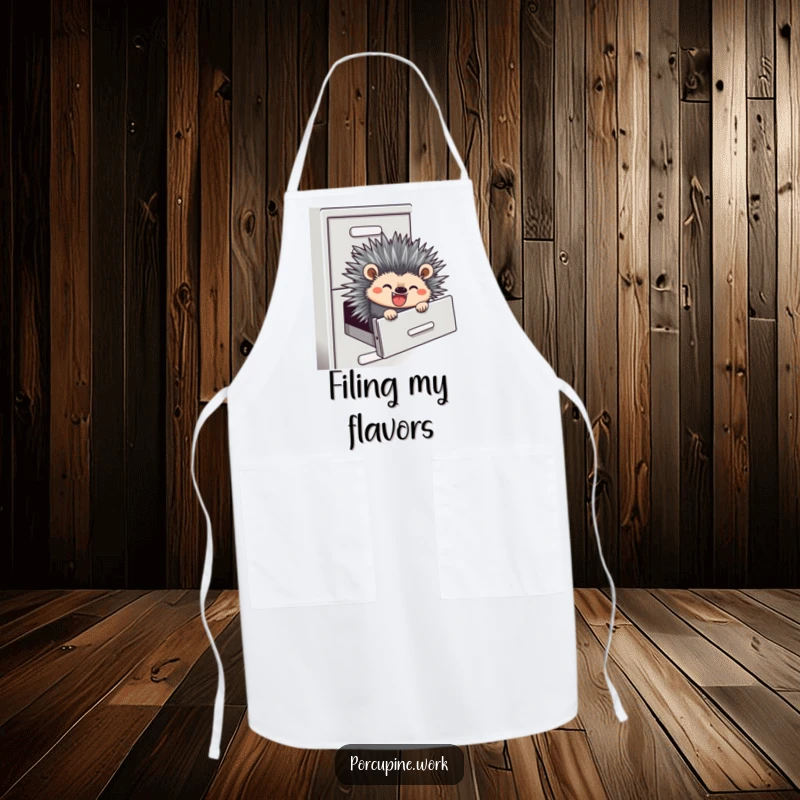 Funny apron showing a porcupine sliding down a filing cabinet, perfect for adding humor to any culinary task.