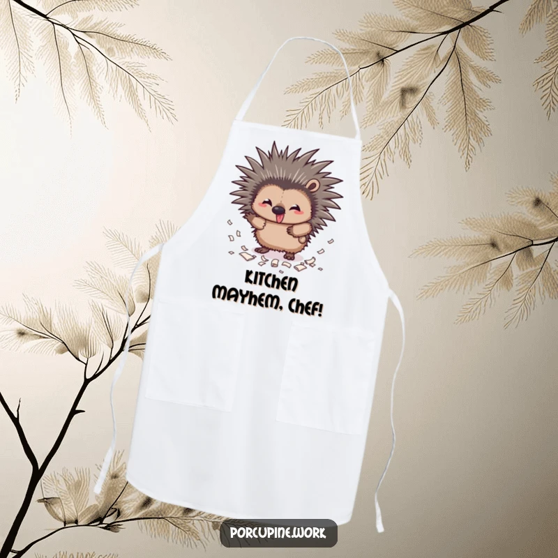 Funny messy porcupine apron showing a mischievous porcupine with quills out scattering paper scraps, perfect for cooking.