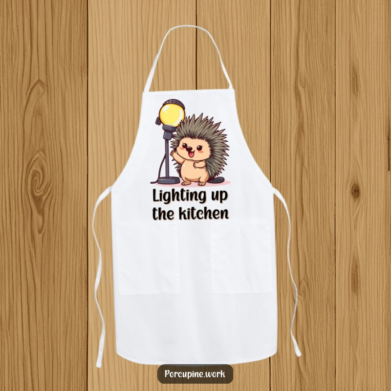 Funny Apron: A porcupine poses triumphantly beside a blinking office light, adding humorous flair to kitchen tasks.