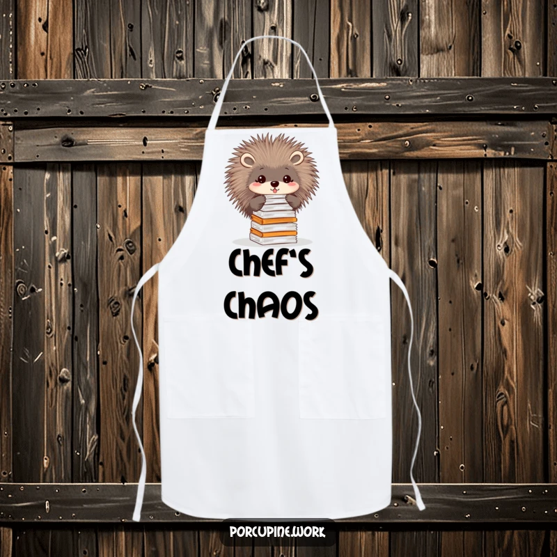 Funny apron featuring a porcupine balancing a stack of papers on its quills, ready for any task.