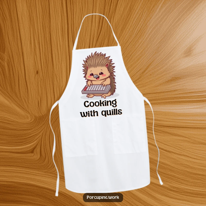 Funny porcupine apron featuring a porcupine gleefully typing on a tiny keyboard, ready to whip up a delicious and humorous meal.