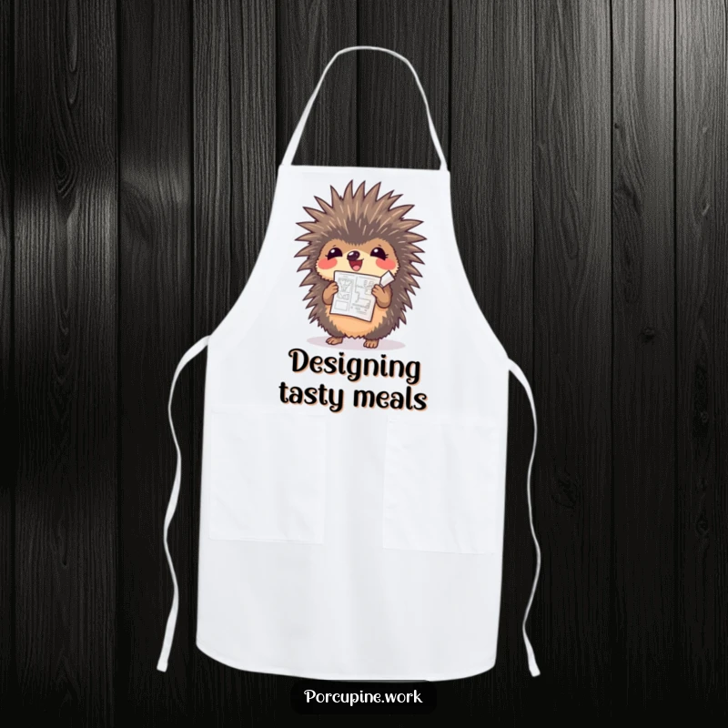 Funny porcupine cheering with a tiny blueprint while wearing an apron, a humorous kitchen accessory for planners.