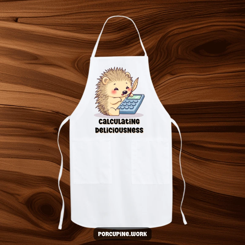 Funny porcupine using its quill to tap on a calculator while wearing an apron, a humorous kitchen accessory.