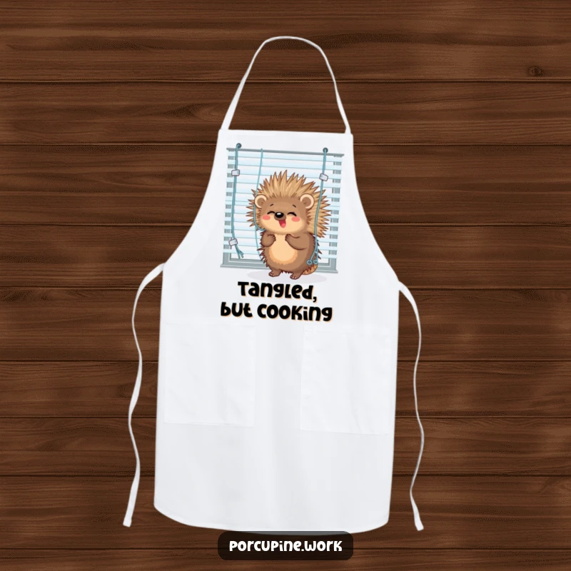 Funny porcupine comically tangled in blinds while wearing an apron, a humorous kitchen accessory.