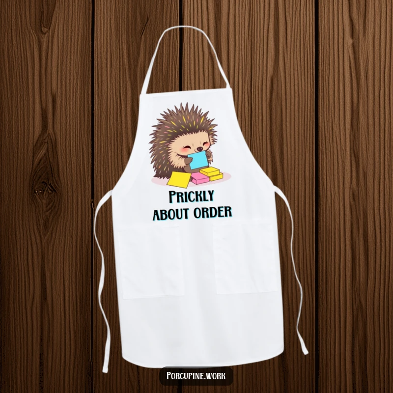 Funny Apron featuring a porcupine expertly organizing recipe notes with its quills, perfect for a humorous and tidy cook.