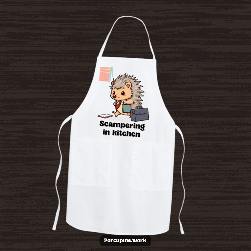 Funny porcupine with a briefcase happily scurries across a desk, perfect for a busy kitchen on this humorous apron.