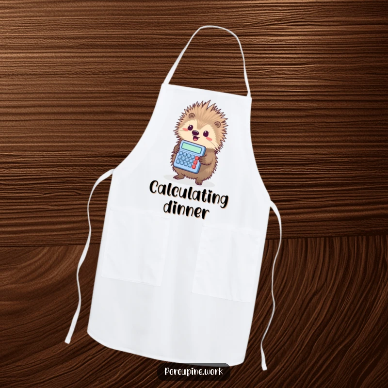 Funny porcupine triumphantly holding a tiny calculator, a humorous and functional apron for math lovers in the kitchen.