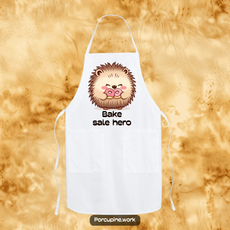 Funny apron showcasing a porcupine winking while sharing a donut with a coworker, ideal for kitchen humor.