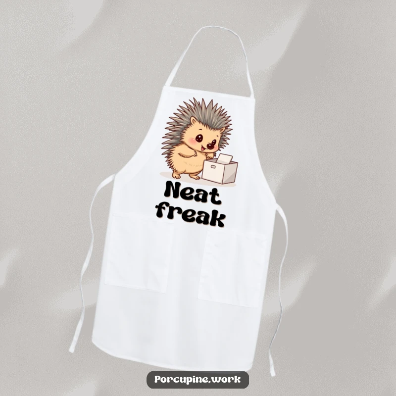 Funny apron with a porcupine posing confidently by a neat inbox, symbolizing organized cooking and humor.