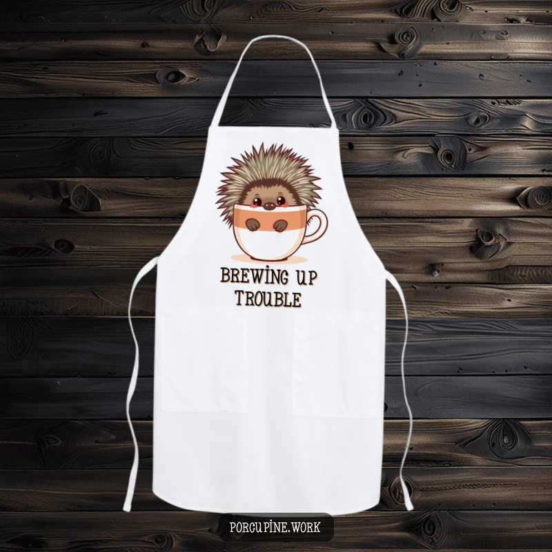 Funny apron designed with a porcupine peeking around a coffee cup, combining kitchen practicality with humorous coffee appreciation.