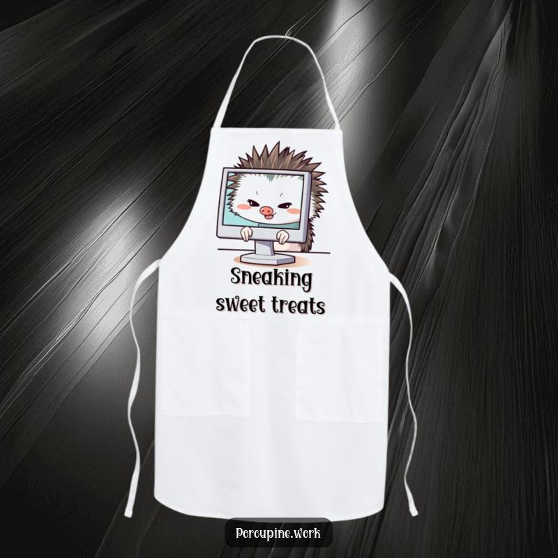 Funny porcupine hiding behind a computer monitor with a sly grin, apron for kitchen use, humorous and mischievous.