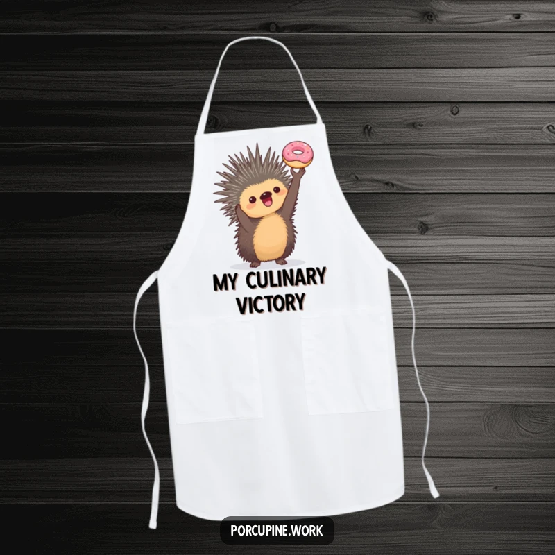Funny apron featuring a porcupine holding a miniature donut triumphantly, perfect for bakers and chefs who love humor and sweet treats.