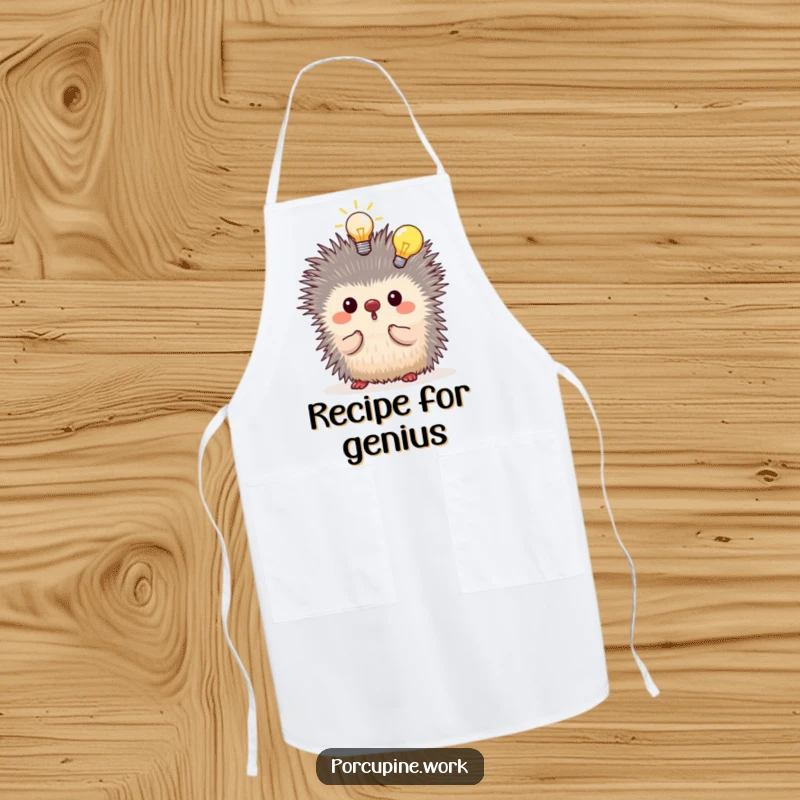 Funny porcupine having a lightbulb moment above its head, apron for kitchen use, symbolizing culinary innovation humorously.