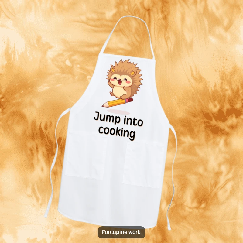Funny apron with a porcupine gleefully jumping over a pencil, blending kitchen practicality with humorous agility and a zest for life.