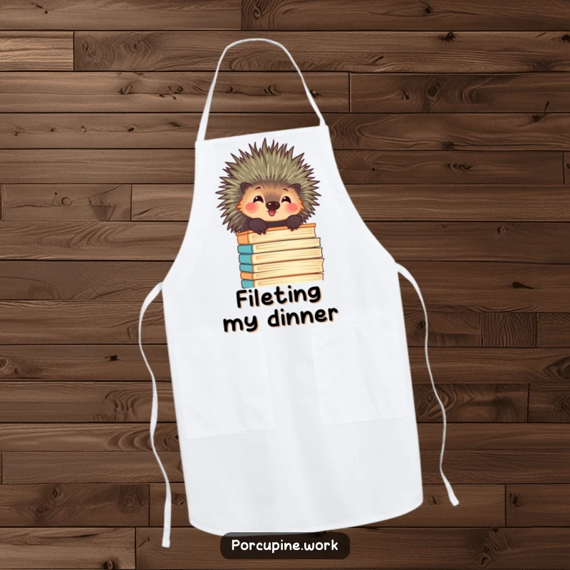 Funny porcupine peeking over a towering stack of files with amusement, a humorous and functional apron for kitchen tasks.