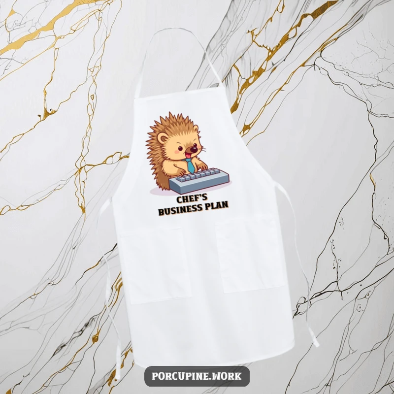 Funny apron featuring a porcupine wearing a tiny tie, typing enthusiastically on a keyboard, ready for any task.