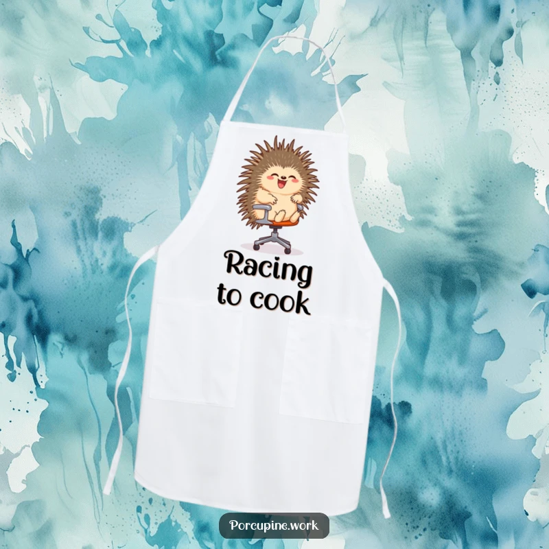 Funny apron with a porcupine gleefully riding a rolling office chair, perfect for adding humor to tasks requiring quick movement.