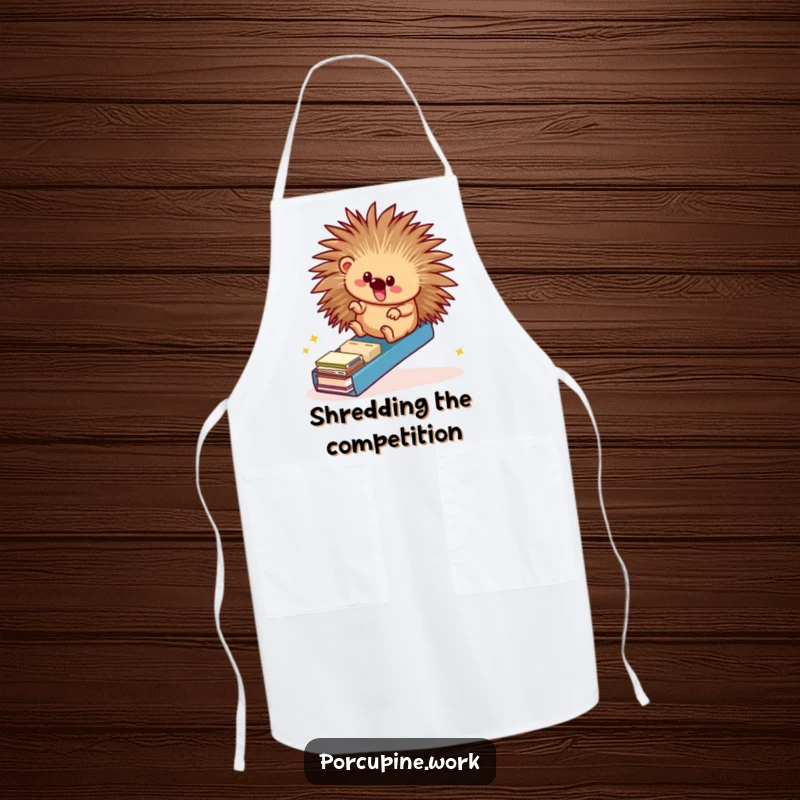 Funny apron with a porcupine sliding down a file folder ramp, perfect for adding humor to cooking, crafting, or office tasks.