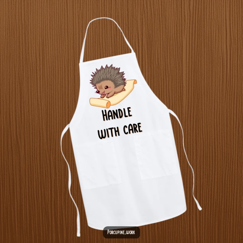 Funny Apron: A gleeful porcupine slides down a paper scroll, adding humor and joy to kitchen duties.