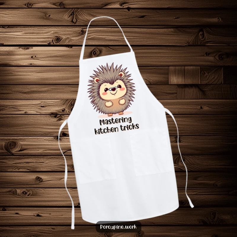 Funny apron with a porcupine grinning while balancing a paperclip on its nose, perfect for adding humor to tasks requiring focus.