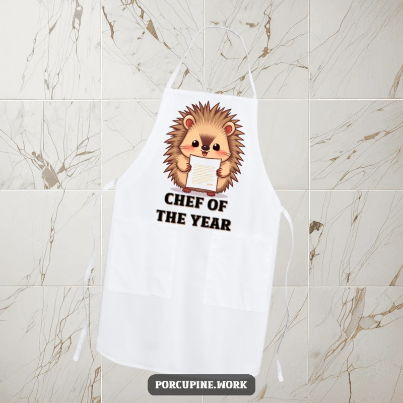 Funny porcupine enthusiastically presenting a document with pride, chef apron for cooking, celebrating culinary success humorously.