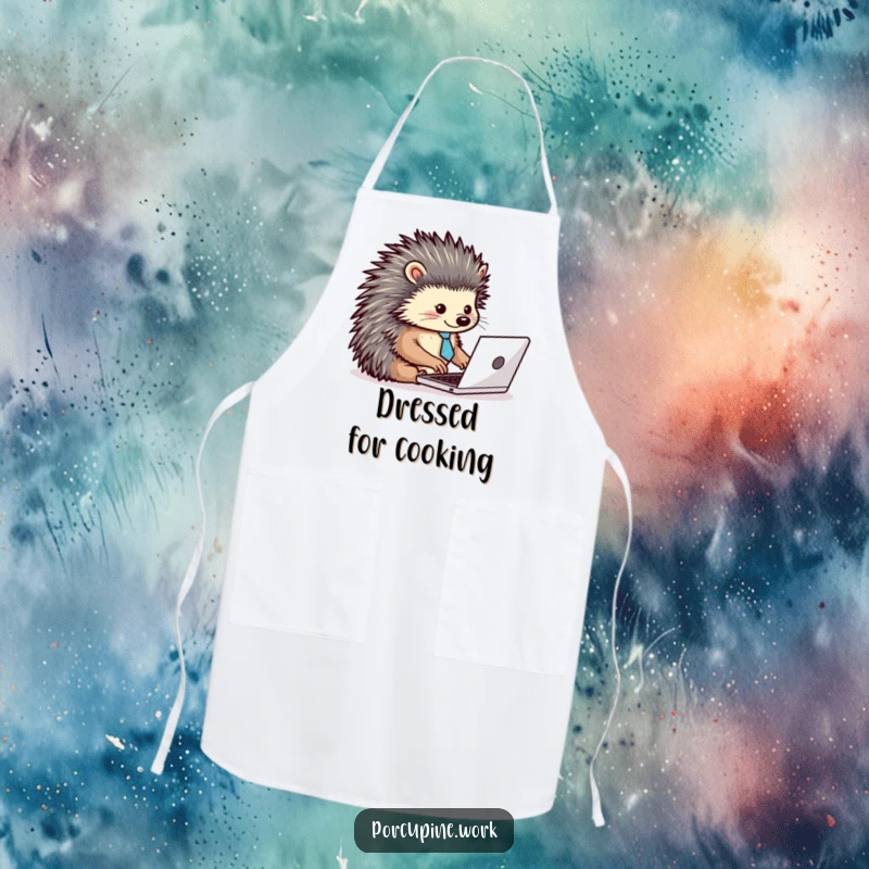 Funny apron showing a porcupine wearing a tiny tie, typing energetically on a laptop, ideal for humorous kitchen tasks.