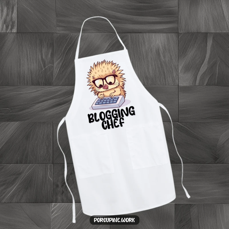 Funny apron featuring a porcupine wearing glasses, energetically typing on a small keyboard, ready for any task.