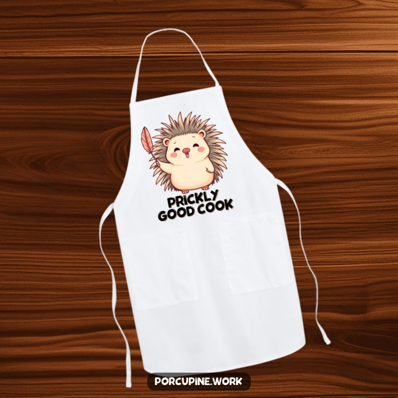 Funny Apron adorned with a cute porcupine character giving a friendly wave with its quill, perfect for kitchen fun.