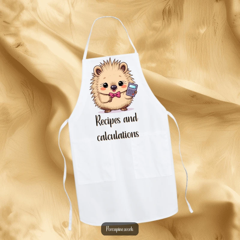 Funny smart porcupine apron showing a determined porcupine in a bowtie holding a calculator, perfect for cooking.