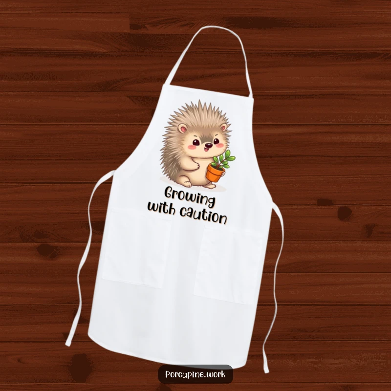 Funny Apron: A porcupine offers a miniature potted plant with a gentle smile, adding charm to cooking and gardening.