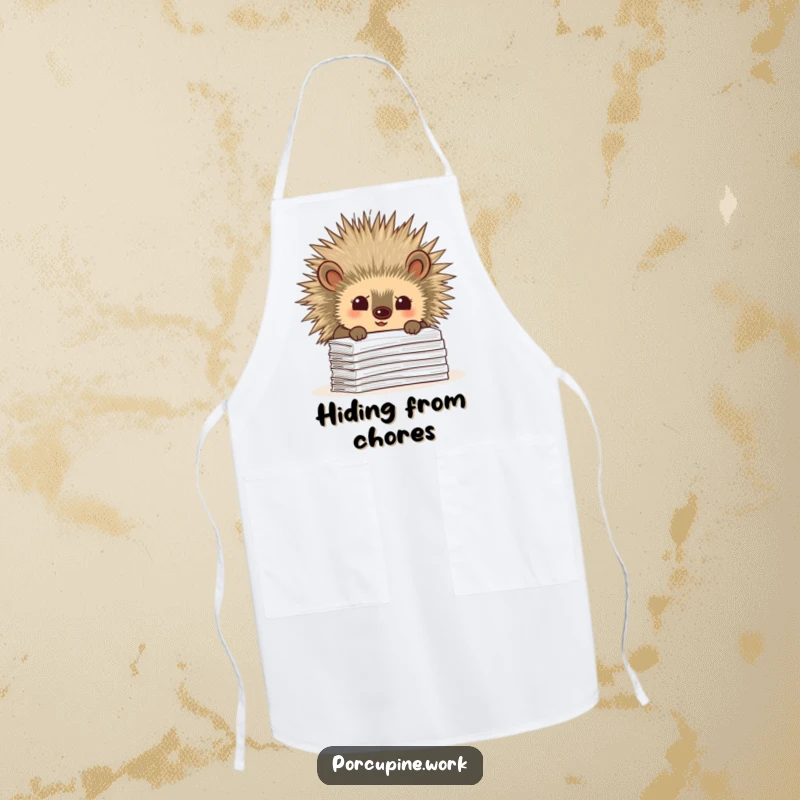 Funny apron with a porcupine curiously peeking over a stack of paperwork, perfect for adding humor to tasks requiring attention to detail.
