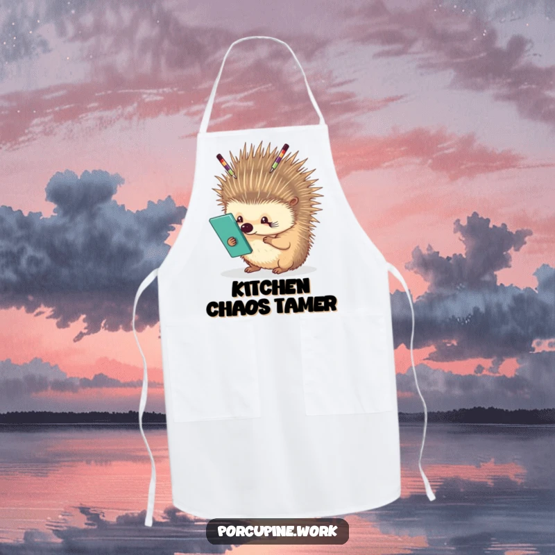 Funny porcupine carefully balancing office supplies on its quills, apron for work or kitchen, humorous juggling act.