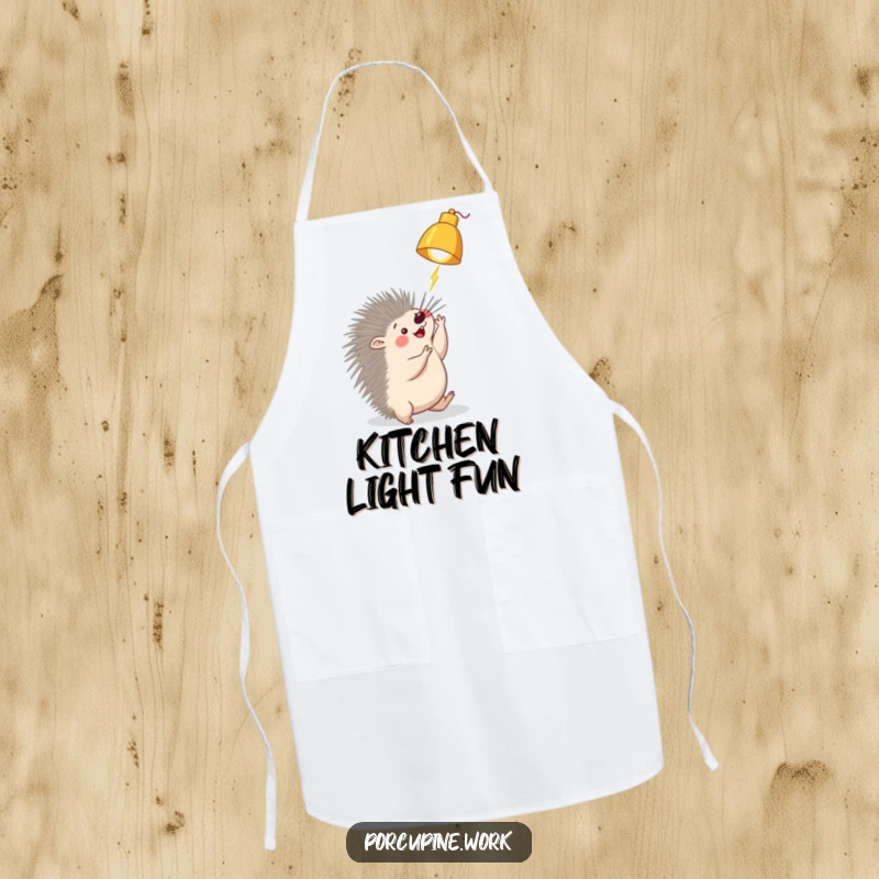 Funny porcupine lamp apron showing a porcupine playfully batting at a dangling desk lamp, perfect for a fun and lighthearted cooking experience.