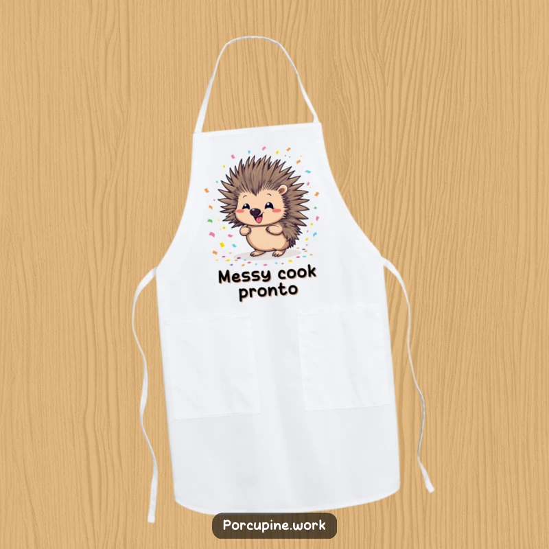 Funny porcupine confetti apron showing a porcupine with a mischievous smile, scattering colorful confetti, perfect for a festive cooking experience.