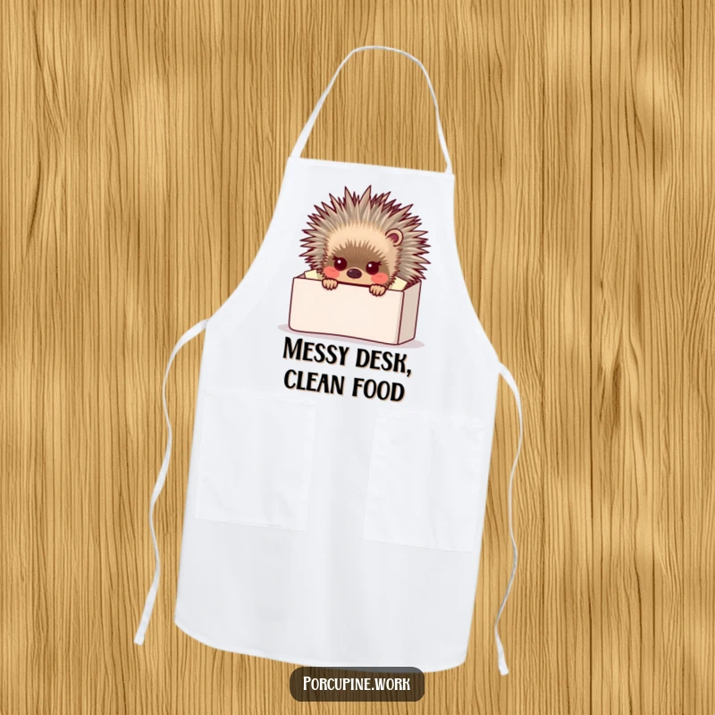 Funny porcupine peeking from behind a huge inbox while wearing an apron, comical kitchen accessory and funny gift.