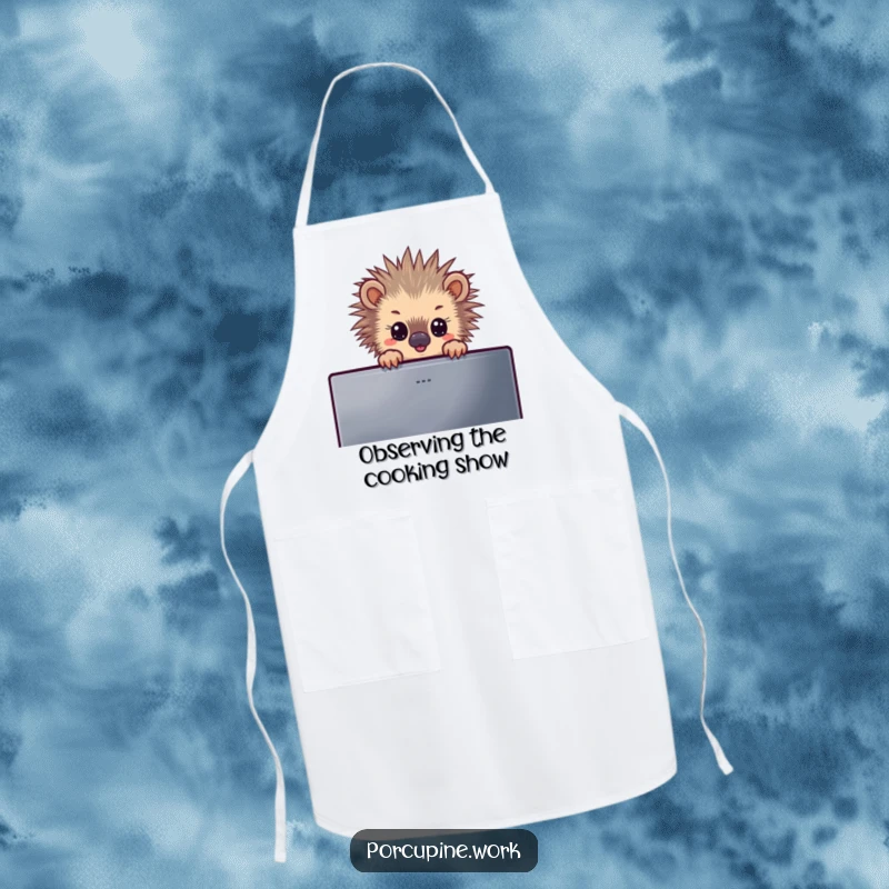 Funny apron with a porcupine peeking over a monitor, ideal for chefs and home cooks who enjoy humor during meal preparation.