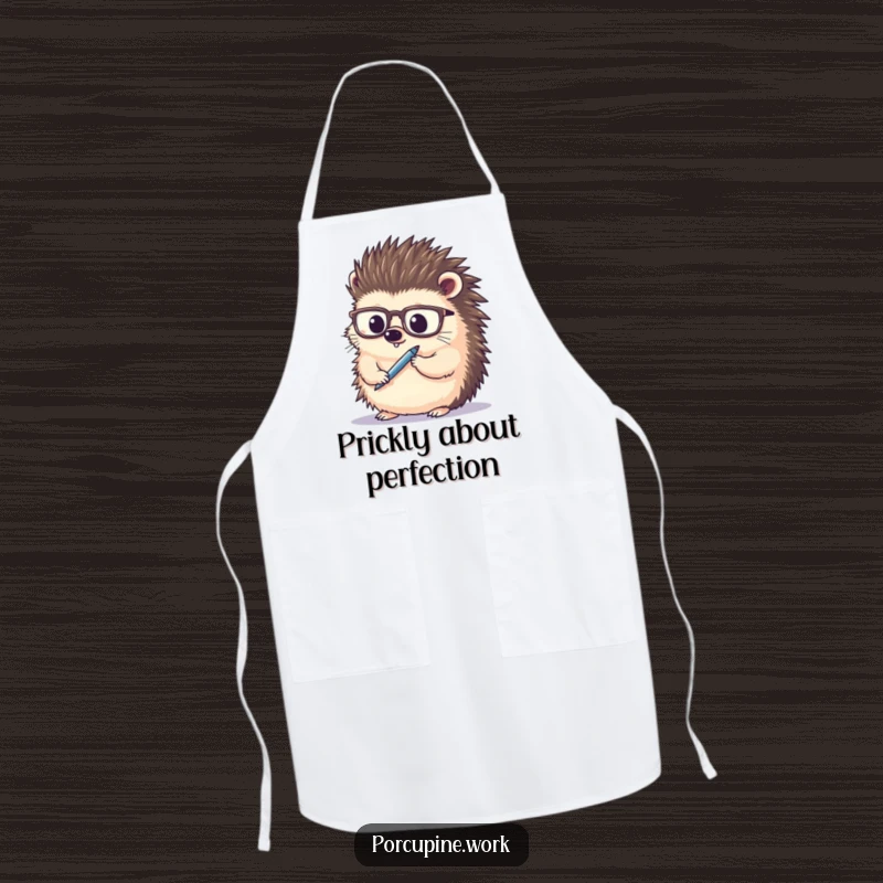 Funny porcupine wearing spectacles, thoughtfully holding a pen, chef apron for cooking, adds humor to the kitchen.