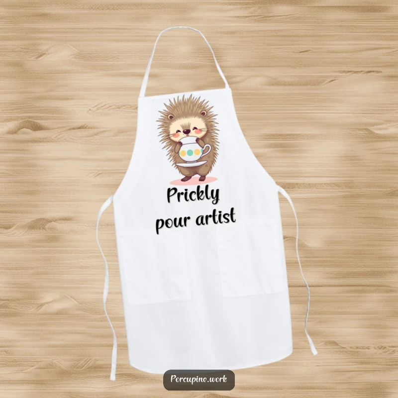 Funny Apron featuring a smiling porcupine balancing a teacup on its quills, ideal for a humorous and elegant cook.
