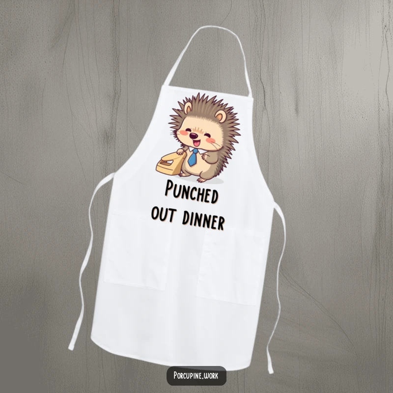 Funny porcupine wearing a tiny tie, enthusiastically using a hole punch, a humorous and functional apron for cooking.