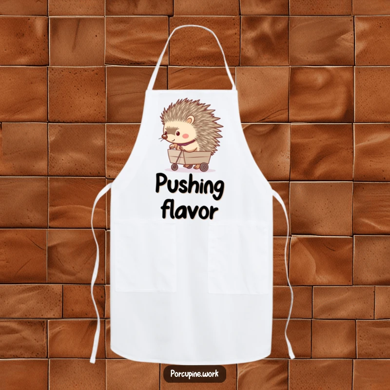 Funny apron showing a porcupine happily pushing a tiny rolling cart, designed for cheerful and humorous kitchen tasks.
