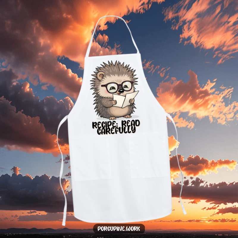 Funny apron with a porcupine wearing glasses reading a tiny document, bringing intellectual humor to the kitchen.