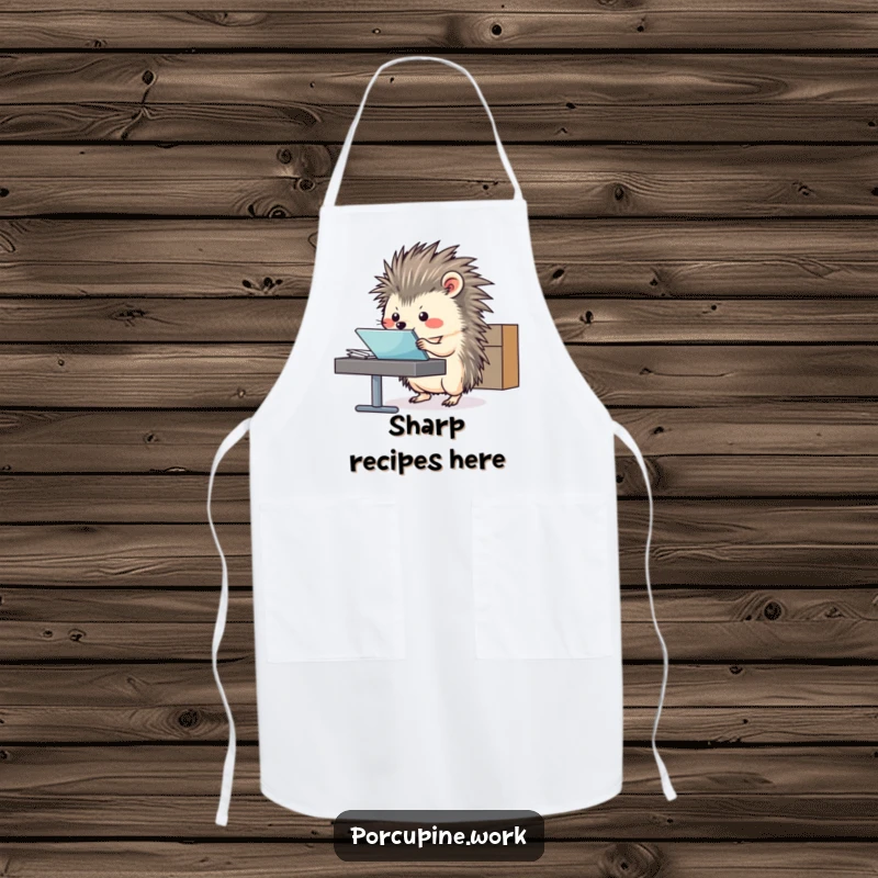 Funny Apron showcasing a porcupine sliding a file folder with business-like precision, ideal for kitchen organization.