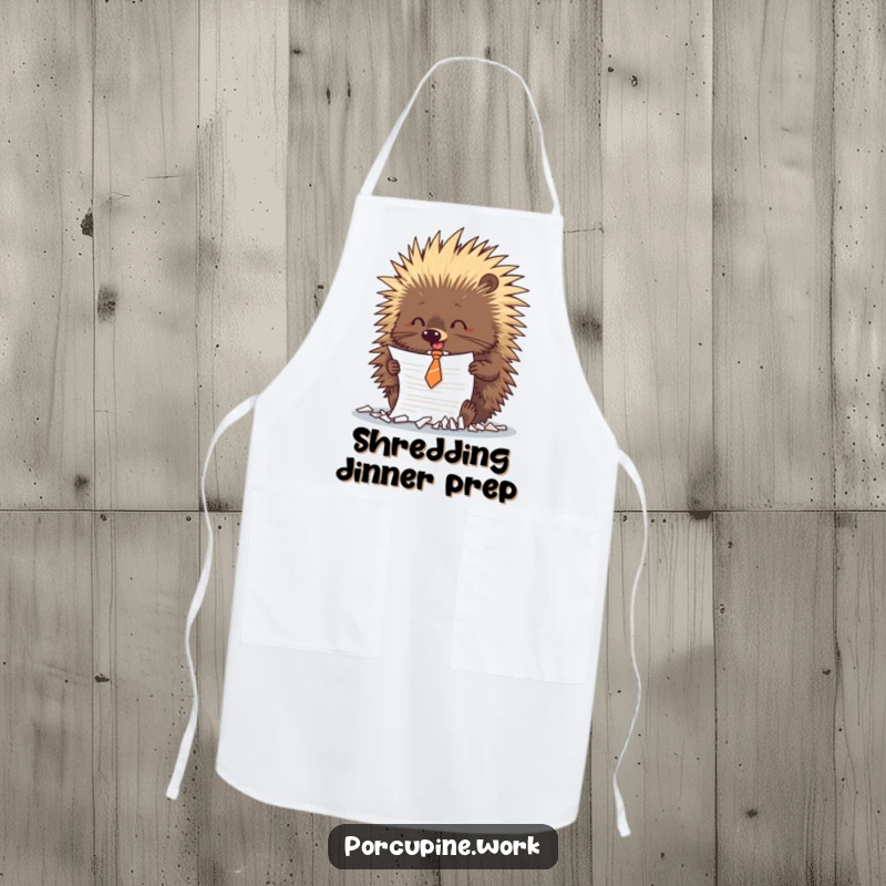 Funny porcupine wearing a small tie is playfully shredding a document, a humorous addition to any kitchen apron.