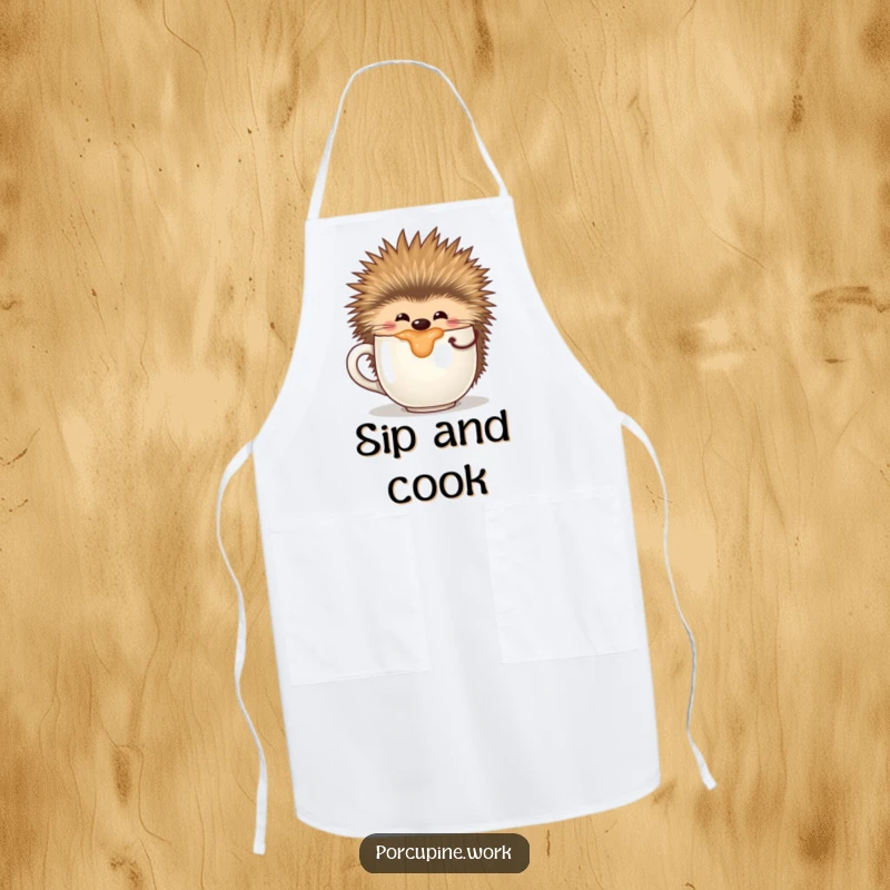 Funny apron featuring a porcupine happily sipping from an oversized coffee mug, perfect for kitchen duties.