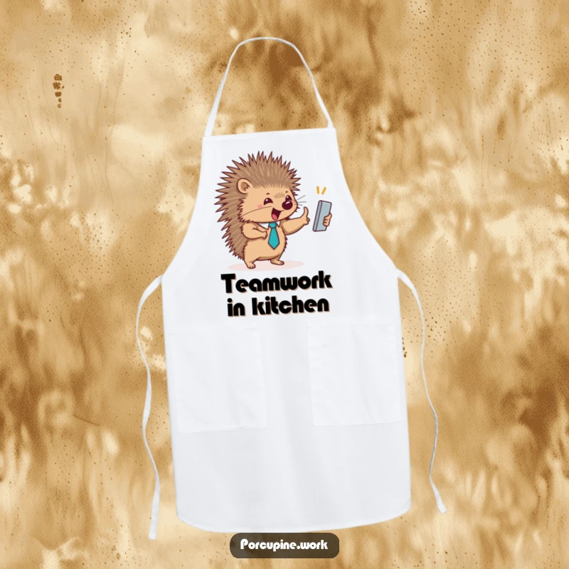 Funny apron featuring a porcupine in a small tie giving an enthusiastic high-five, perfect for a collaborative cooking session.
